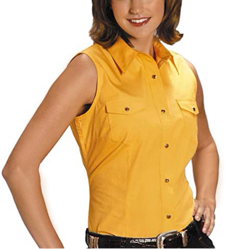 Kathie Lee Collection Sleeveless Button Down Top Collared Yellow Medium Pockets